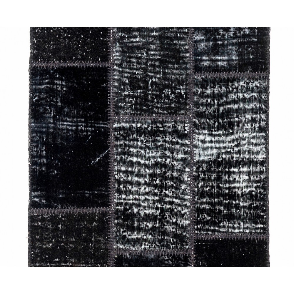 Distressed Look Patchwork Runner Rug in Shades of Black | Handmade Re-Dyed Turkish Vintage Carpet for Hallway Decor