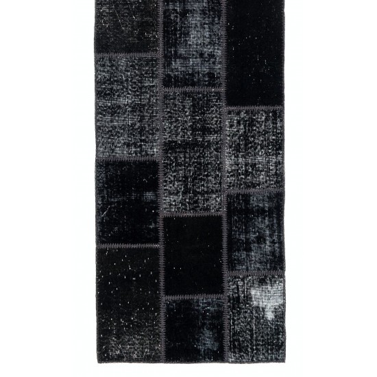 Distressed Look Patchwork Runner Rug in Shades of Black. Handmade Re-Dyed Turkish Vintage Carpet for Hallway Decor Distressed Look Patchwork Runner Rug in Shades of Black. Handmade Re-Dyed Turkish Vintage Carpet for Hallway Decor