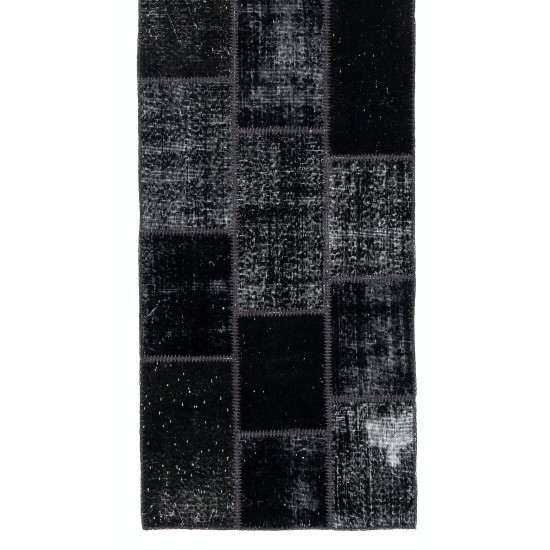 Distressed Look Patchwork Runner Rug in Shades of Black. Handmade Re-Dyed Turkish Vintage Carpet for Hallway Decor