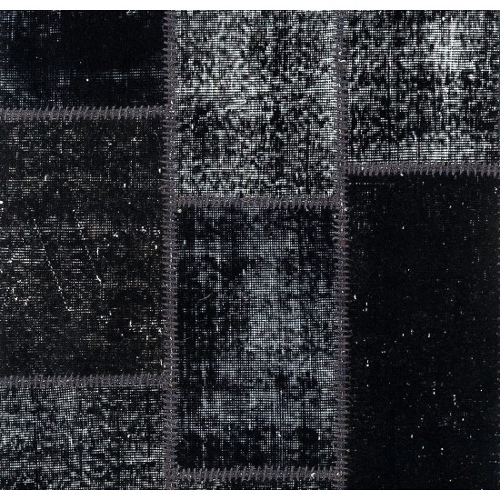 Distressed Look Patchwork Runner Rug in Shades of Black. Handmade Re-Dyed Turkish Vintage Carpet for Hallway Decor