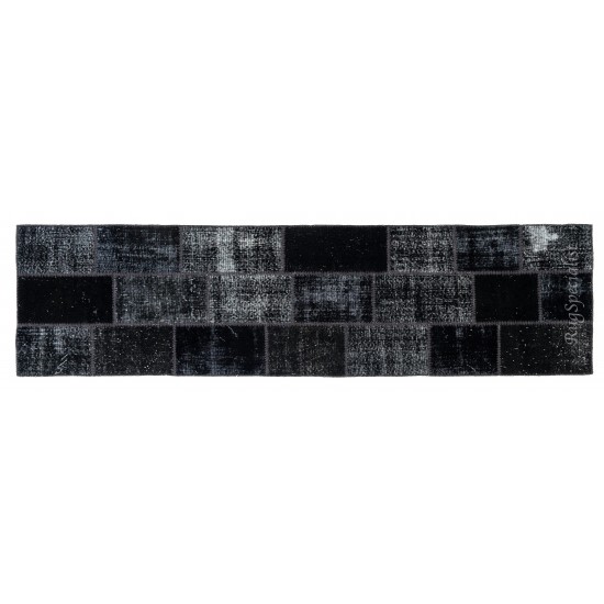 Distressed Look Patchwork Runner Rug in Shades of Black. Handmade Re-Dyed Turkish Vintage Carpet for Hallway Decor