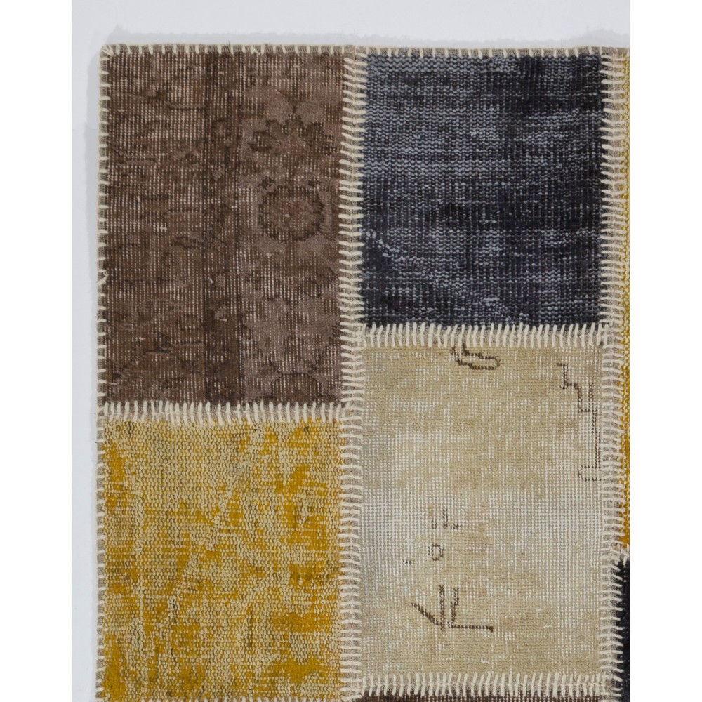 Contemporary Yellow, Black, Brown and Beige Turkish Patchwork Rug | Hand-Knotted Overdyed Carpet for Living Room, Bedroom and Office