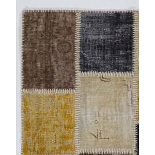 Contemporary Yellow, Black, Brown and Beige Turkish Patchwork Rug | Hand-Knotted Overdyed Carpet for Living Room, Bedroom and Office Contemporary Yellow, Black, Brown and Beige Turkish Patchwork Rug | Hand-Knotted Overdyed Carpet for Living Room, Bedroom and Office