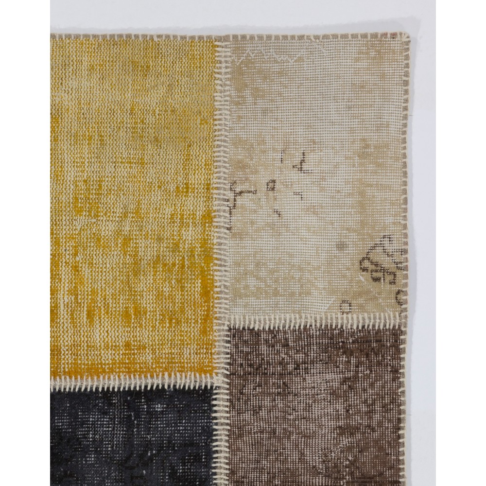 Contemporary Yellow, Black, Brown and Beige Turkish Patchwork Rug | Hand-Knotted Overdyed Carpet for Living Room, Bedroom and Office