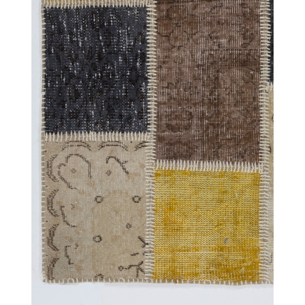 Contemporary Yellow, Black, Brown and Beige Turkish Patchwork Rug | Hand-Knotted Overdyed Carpet for Living Room, Bedroom and Office