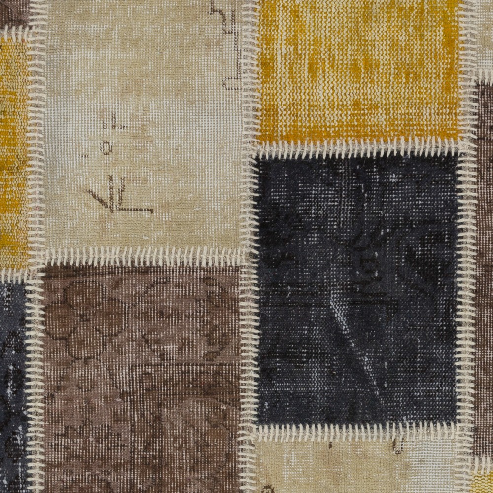 Contemporary Yellow, Black, Brown and Beige Turkish Patchwork Rug | Hand-Knotted Overdyed Carpet for Living Room, Bedroom and Office