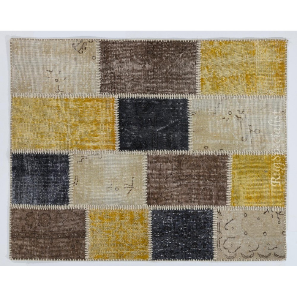 Patchwork Rug in Yellow, Brown, Black & Beige. Modern Handmade Carpet, Woolen Floor Covering. Custom Turkish Area Rug