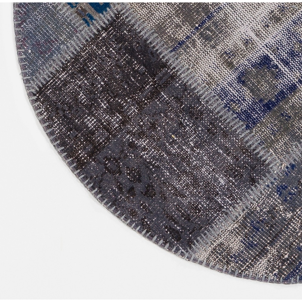 Round Hand-Knotted Gray and Blue Turkish Patchwork Rug | Circular Vintage Overdyed Patchwork Carpet Round Hand-Knotted Gray and Blue Turkish Patchwork Rug | Circular Vintage Overdyed Patchwork Carpet