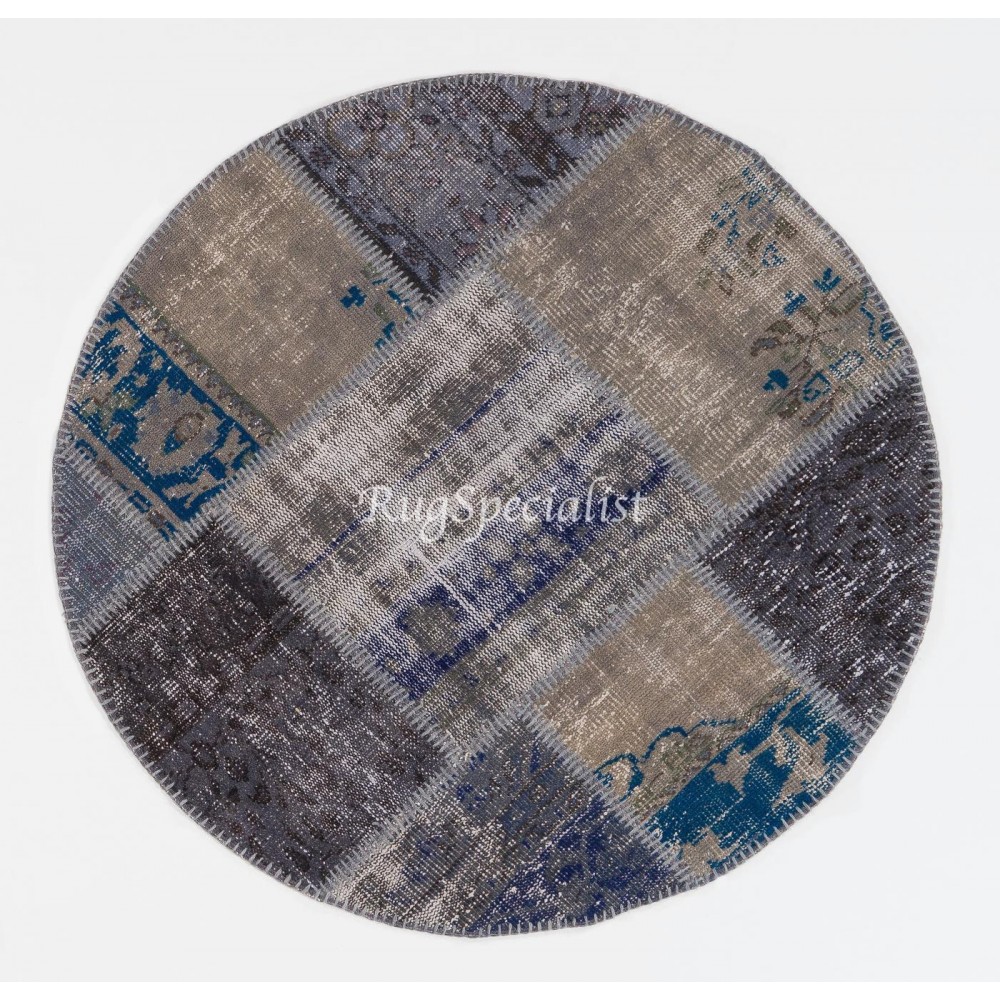 Round Handmade Turkish Patchwork Rug, Circular Vintage Re-Dyed Patchwork Carpet