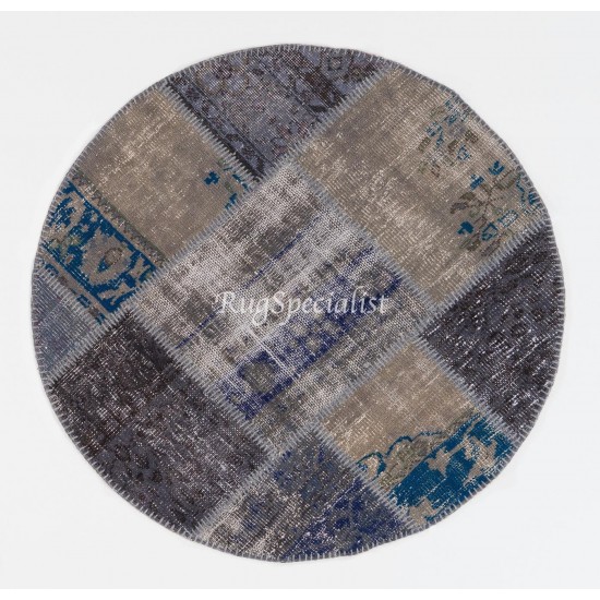 Round Handmade Turkish Patchwork Rug, Circular Vintage Re-Dyed Patchwork Carpet