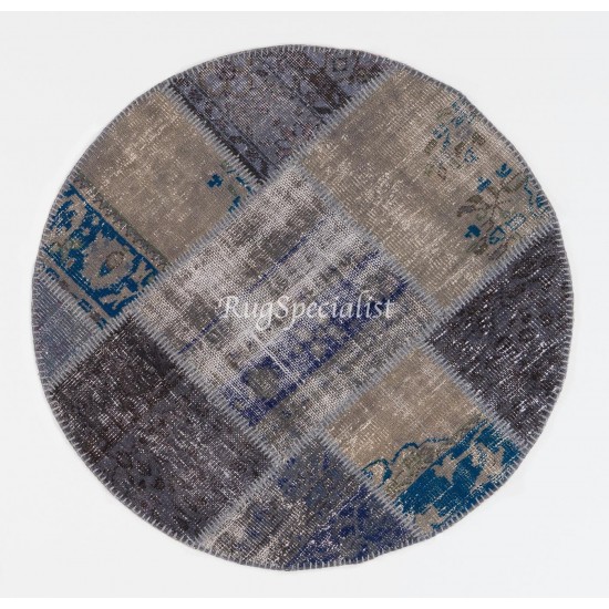 Round Handmade Turkish Patchwork Rug, Circular Vintage Re-Dyed Patchwork Carpet Round Handmade Turkish Patchwork Rug, Circular Vintage Re-Dyed Patchwork Carpet