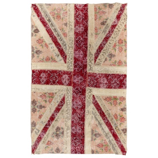 Union Jack British Flag Design Patchwork Rug Made from Re-Dyed Vintage Carpets Union Jack British Flag Design Patchwork Rug Made from Re-Dyed Vintage Carpets