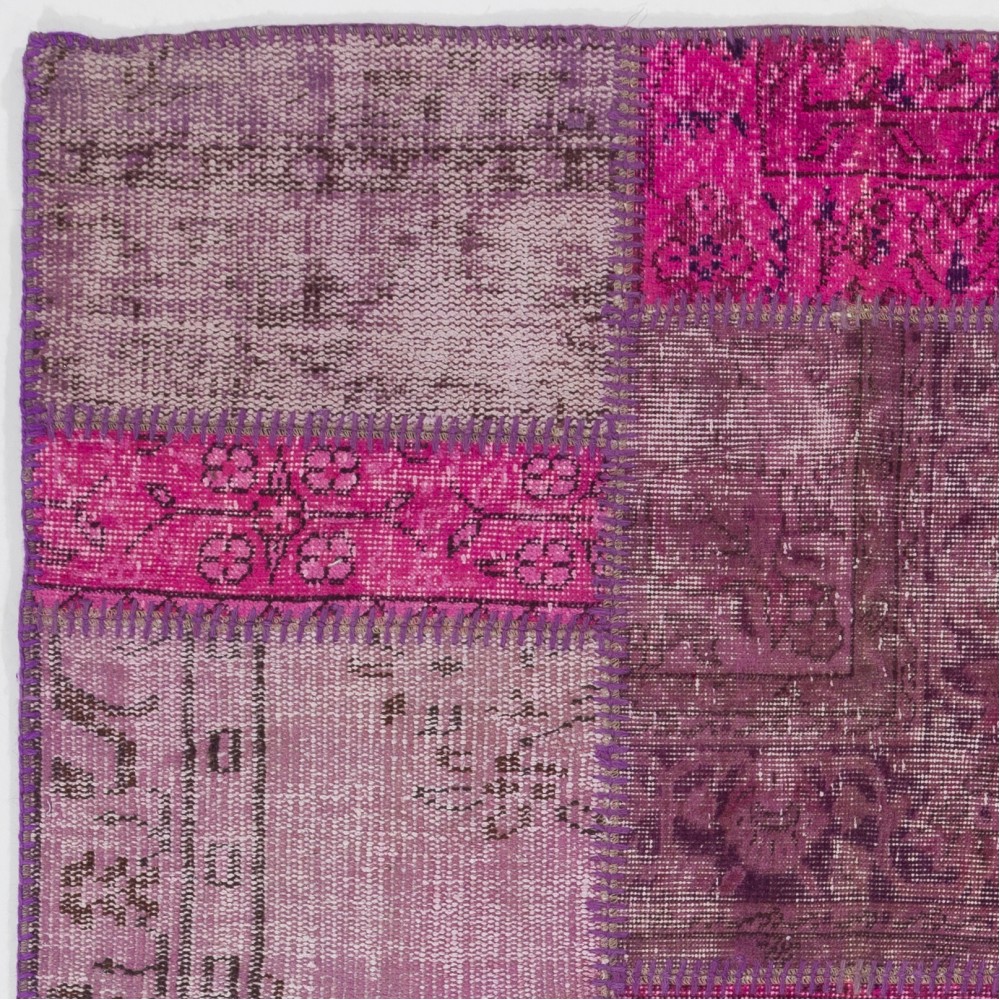 Hand-Knotted Pink and Purple Patchwork Rug | Modern Overdyed Turkish Wool Carpet for Living Room, Bedroom and Kitchen Hand-Knotted Pink and Purple Patchwork Rug | Modern Overdyed Turkish Wool Carpet for Living Room, Bedroom and Kitchen