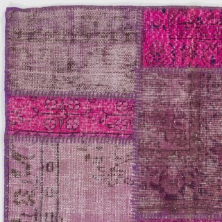 Hand-Knotted Pink and Purple Patchwork Rug | Modern Overdyed Turkish Wool Carpet for Living Room, Bedroom and Kitchen