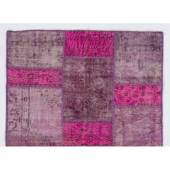 Fuchsia Patchwork Rug Made from Over-Dyed Vintage Carpets Custom Options Av.