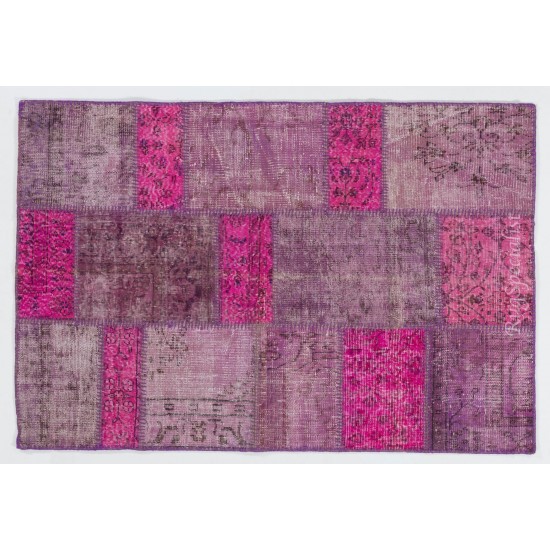 Fuchsia Patchwork Rug Made from Over-Dyed Vintage Carpets Custom Options Av.