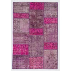 Handmade Patchwork Rug Made from Over-Dyed Vintage Carpets. Pink and Purple Colors