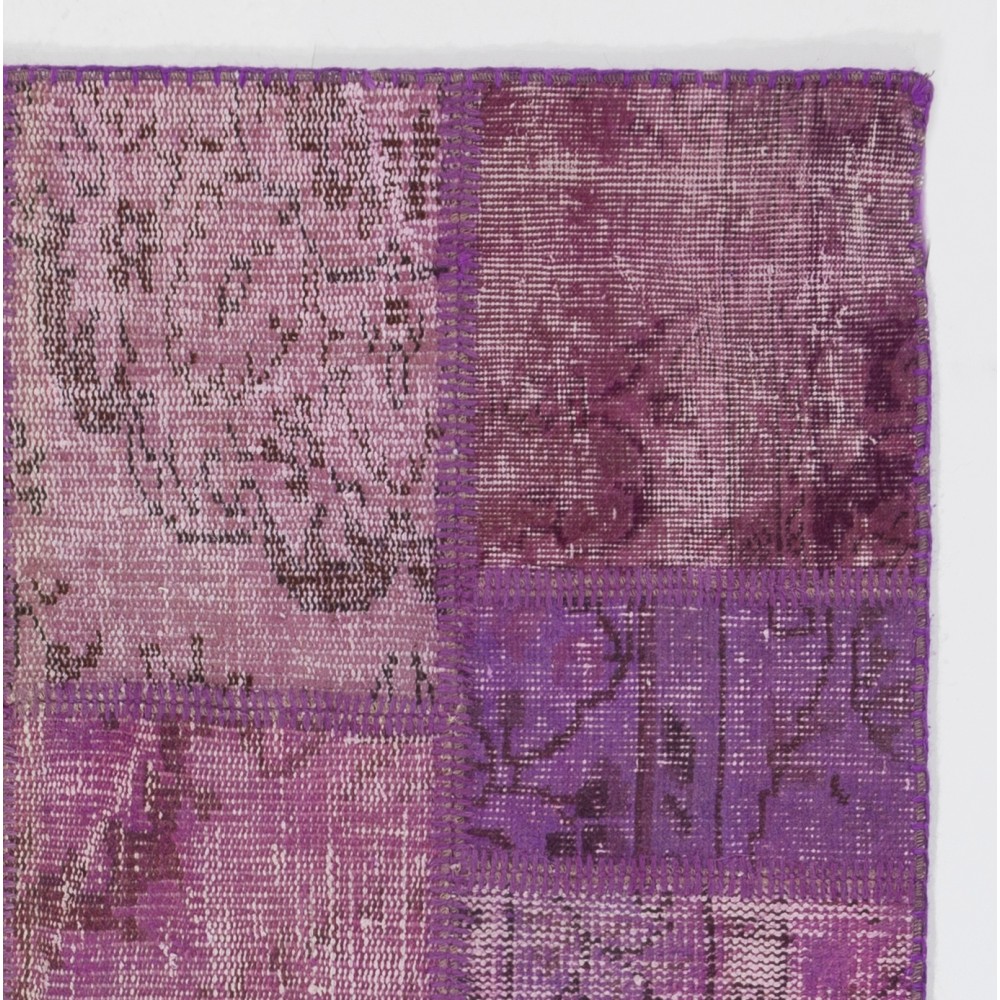 Hand-Knotted Pink and Purple Patchwork Rug | Modern Overdyed Turkish Wool Carpet for Living Room, Bedroom and Kitchen