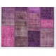 Handmade Patchwork Rug in Pink & Purple Colors. Modern Turkish Carpet, Woolen Floor Covering