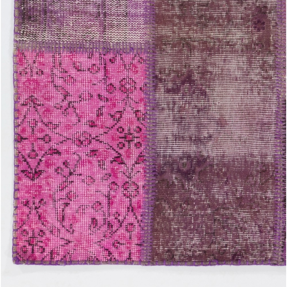 Hand-Knotted Pink and Purple Patchwork Rug | Modern Overdyed Turkish Wool Carpet for Living Room, Bedroom and Kitchen