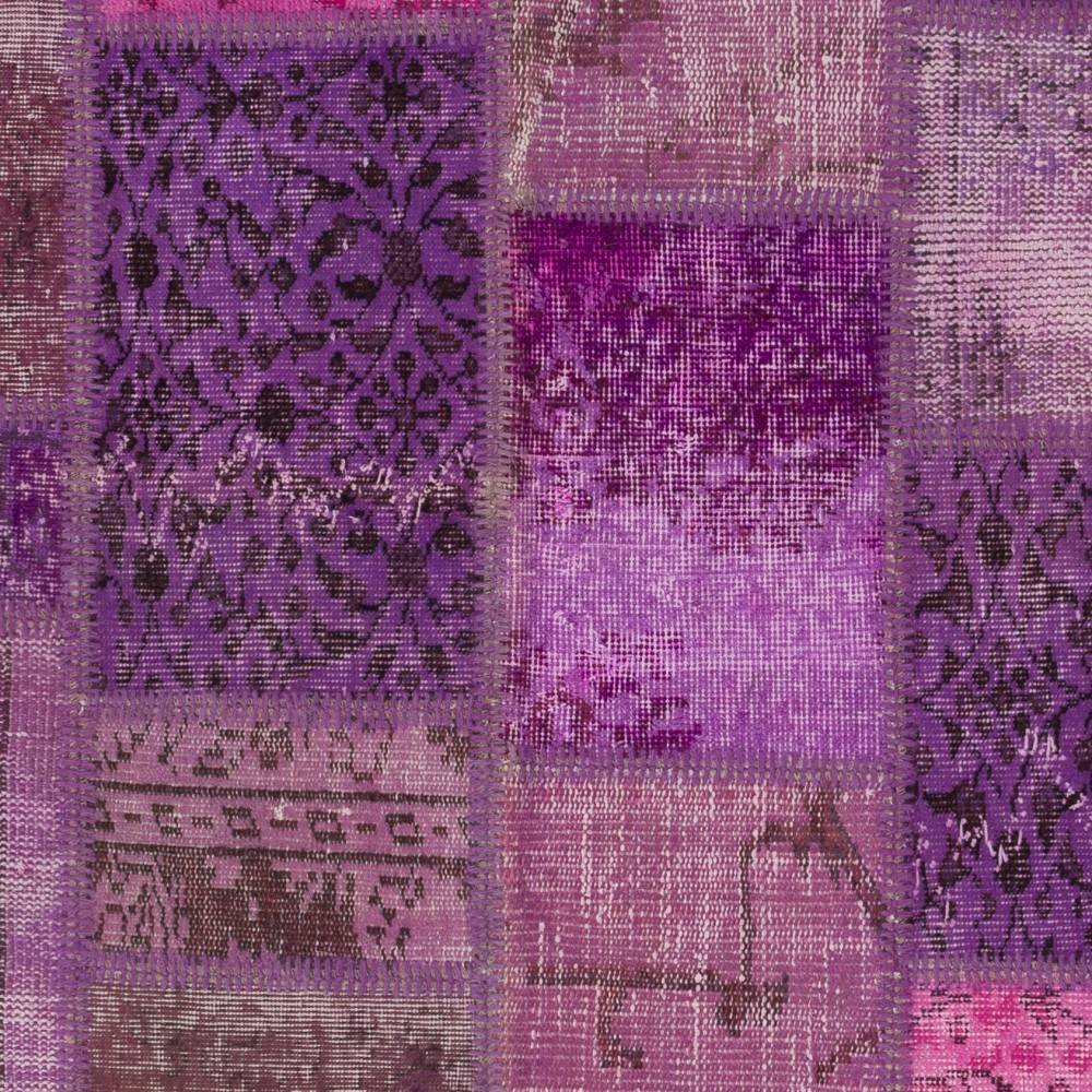 Hand-Knotted Pink and Purple Patchwork Rug | Modern Overdyed Turkish Wool Carpet for Living Room, Bedroom and Kitchen