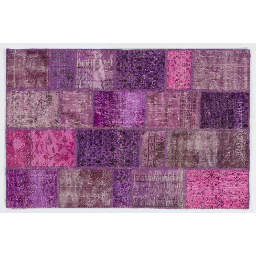 Handmade Patchwork Rug in Pink & Purple Colors. Modern Turkish Carpet, Woolen Floor Covering