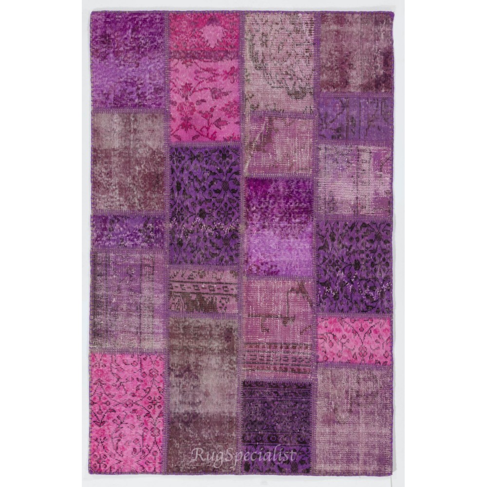 Handmade Patchwork Rug in Pink & Purple Colors. Modern Turkish Carpet, Woolen Floor Covering