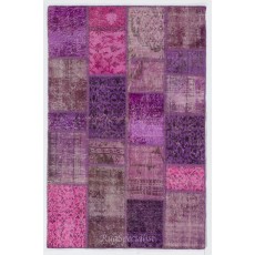 Handmade Patchwork Rug Made from Over-Dyed Vintage Carpets. Pink and Purple Colors