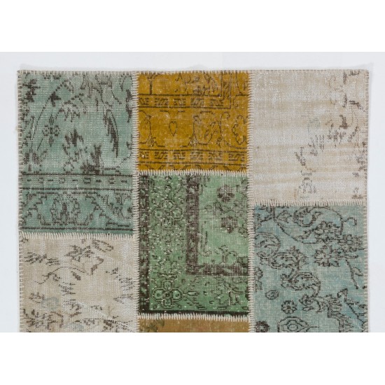 Contemporary Turkish Handmade Patchwork Rug in Yellow, Blue, Green & Beige. Custom Options Available