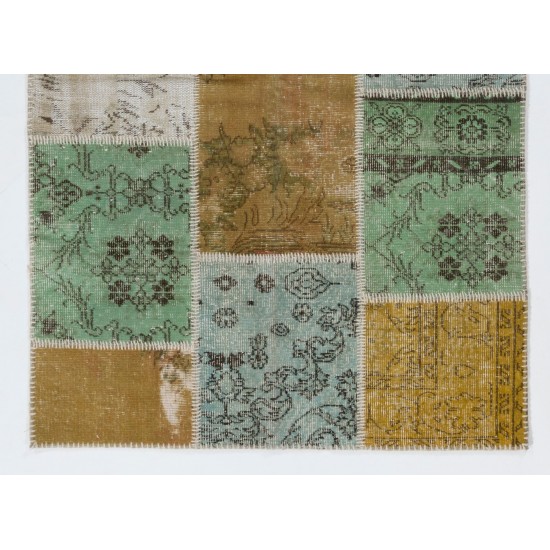 Contemporary Turkish Handmade Patchwork Rug in Yellow, Blue, Green & Beige. Custom Options Available