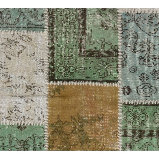 Contemporary Turkish Handmade Patchwork Rug in Yellow, Blue, Green & Beige. Custom Options Available