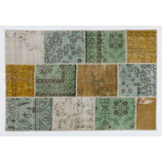 Contemporary Turkish Handmade Patchwork Rug in Yellow, Blue, Green & Beige. Custom Options Available