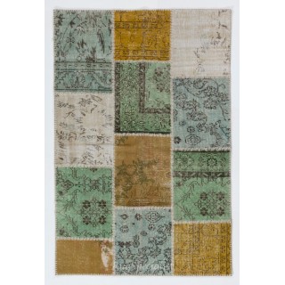 Contemporary Turkish Handmade Patchwork Rug in Yellow, Blue, Green & Beige. Custom Options Available
