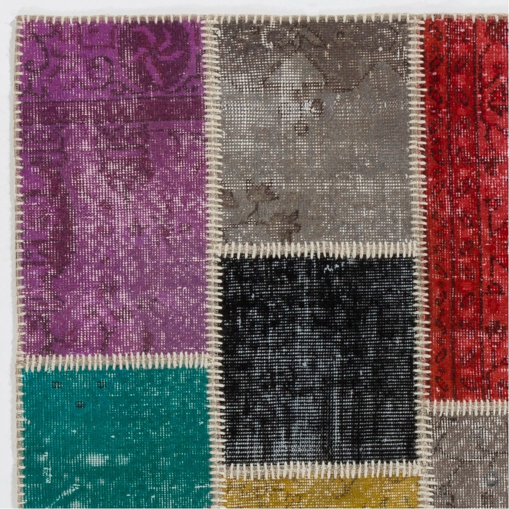 Contemporary Multicolored Overdyed Patchwork Rug | Hand-Knotted Turkish Wool Carpet for Living Room, Dining Room and Entryway Contemporary Multicolored Overdyed Patchwork Rug | Hand-Knotted Turkish Wool Carpet for Living Room, Dining Room and Entryway