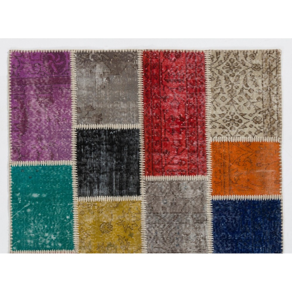 Multicolor Handmade Patchwork Rug Made from Over-Dyed Vintage Carpets