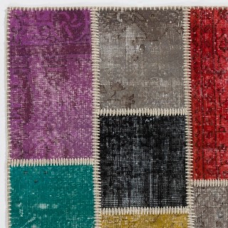Contemporary Multicolored Overdyed Patchwork Rug | Hand-Knotted Turkish Wool Carpet for Living Room, Dining Room and Entryway