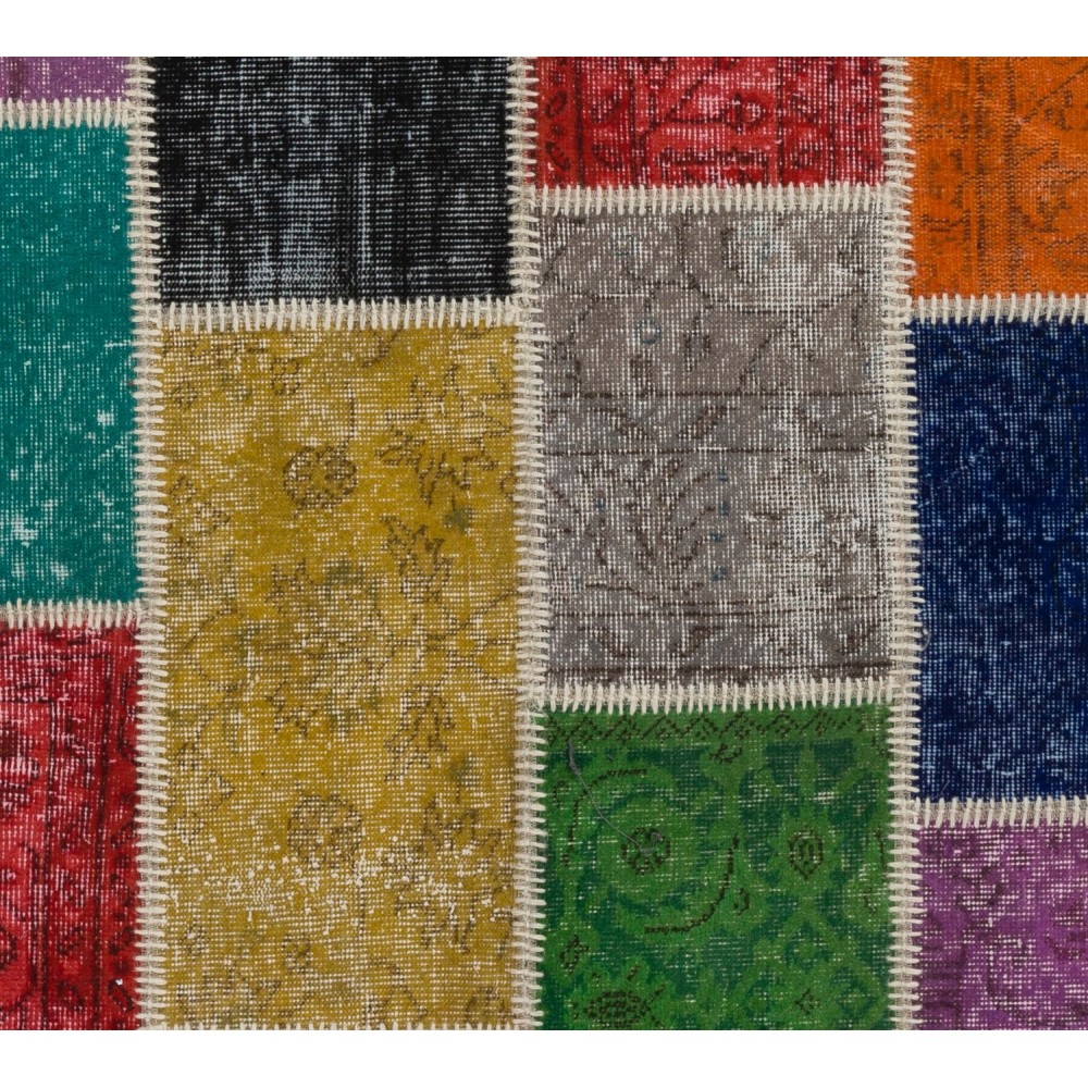 Multicolor Handmade Patchwork Rug Made from Over-Dyed Vintage Carpets