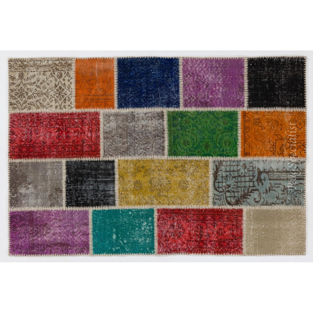 Multicolor Handmade Patchwork Rug Made from Over-Dyed Vintage Carpets