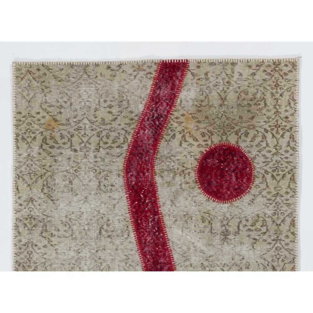 Custom Unique Design Handmade Vintage Patchwork Rug in Red and Beige. Modern Turkish Carpet. Woolen Floor Covering
