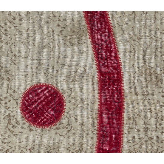 Custom Unique Design Handmade Vintage Patchwork Rug in Red and Beige. Modern Turkish Carpet. Woolen Floor Covering