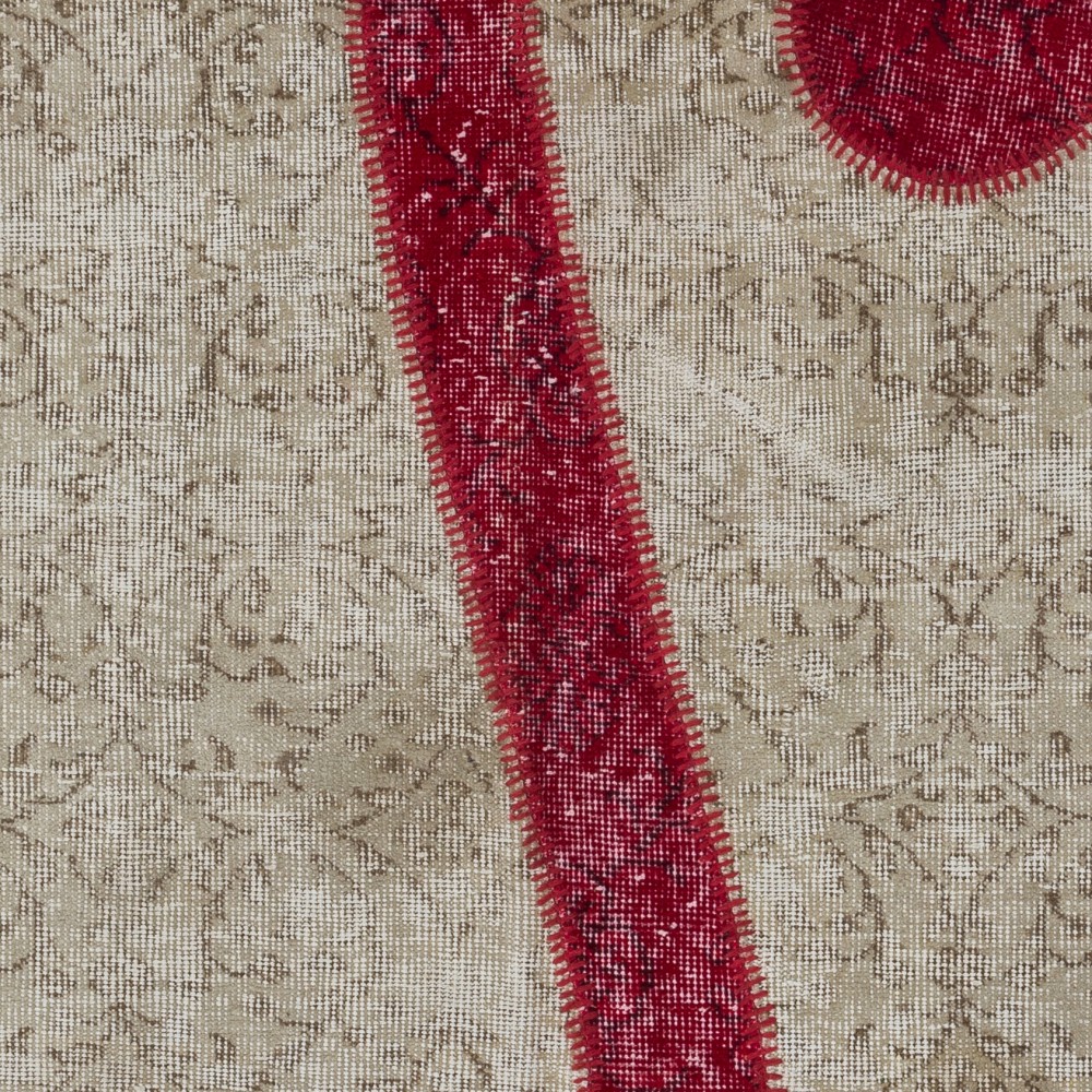 Vintage Beige and Red Patchwork Rug | Hand-Knotted Overdyed Turkish Wool Carpet for Living Room, Bedroom and Guest Room