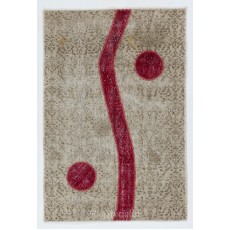 Custom Unique Design Handmade Vintage Patchwork Rug in Red and Beige. Modern Turkish Carpet. Woolen Floor Covering