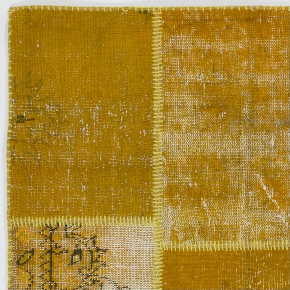 Hand-Knotted Yellow Overdyed Patchwork Rug | Contemporary Turkish Wool Carpet for Living Room, Bedroom and Kitchen Hand-Knotted Yellow Overdyed Patchwork Rug | Contemporary Turkish Wool Carpet for Living Room, Bedroom and Kitchen