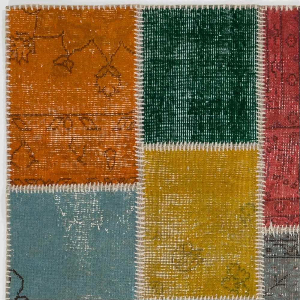 Contemporary Multicolored Overdyed Patchwork Rug | Hand-Knotted Turkish Wool Carpet for Living Room, Dining Room and Entryway Contemporary Multicolored Overdyed Patchwork Rug | Hand-Knotted Turkish Wool Carpet for Living Room, Dining Room and Entryway