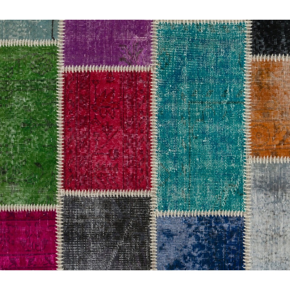 Multicolor Handmade Patchwork Rug Made from Over-Dyed Vintage Carpets