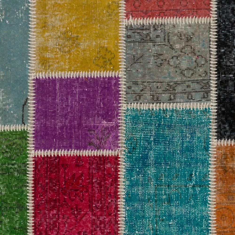 Contemporary Multicolored Overdyed Patchwork Rug | Hand-Knotted Turkish Wool Carpet for Living Room, Dining Room and Entryway Contemporary Multicolored Overdyed Patchwork Rug | Hand-Knotted Turkish Wool Carpet for Living Room, Dining Room and Entryway