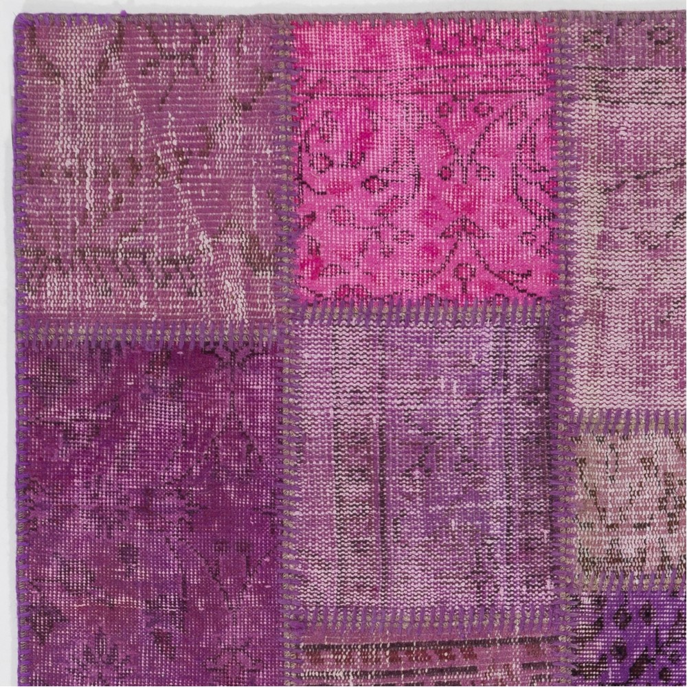Hand-Knotted Pink and Purple Patchwork Rug | Modern Overdyed Turkish Wool Carpet for Living Room, Bedroom and Kitchen