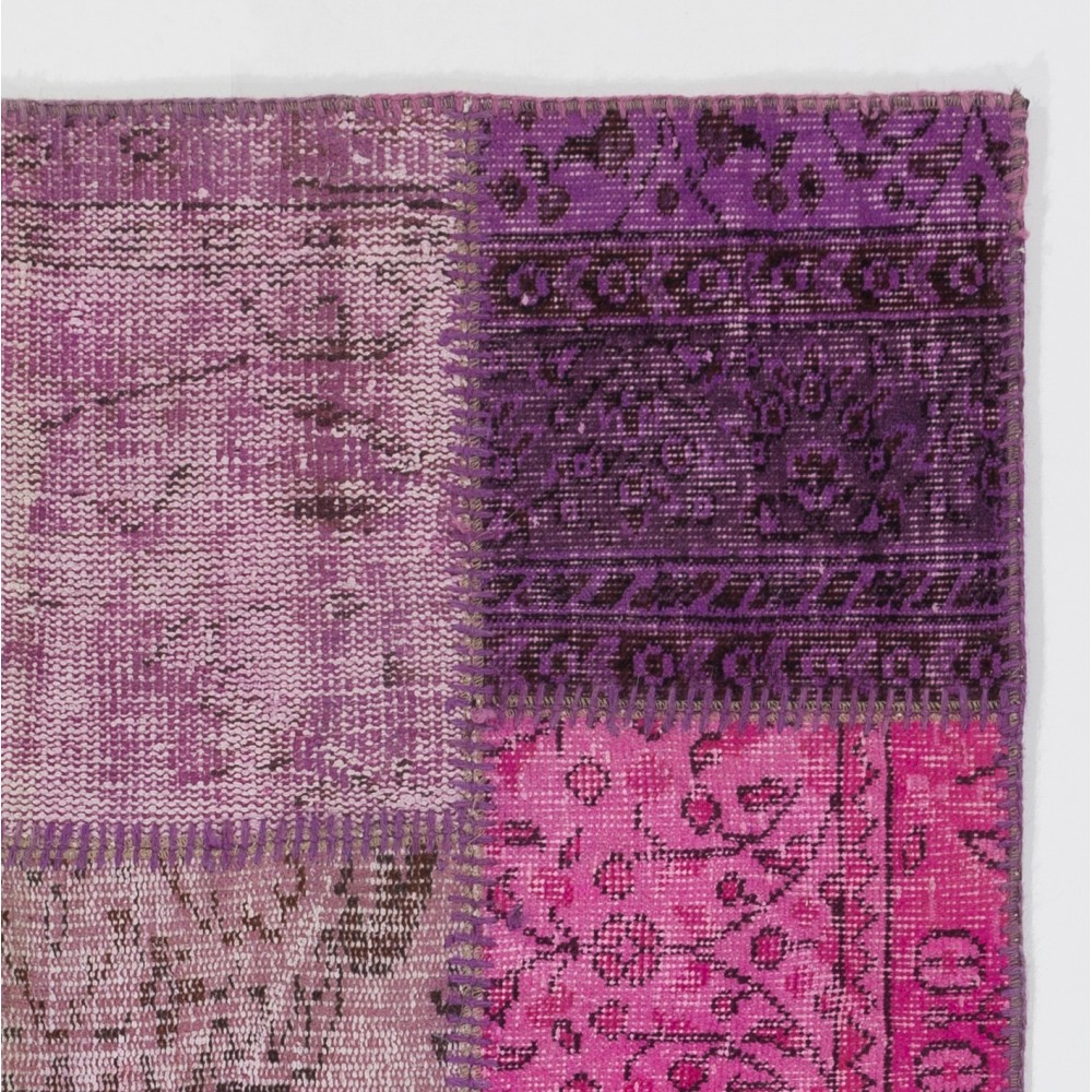 Hand-Knotted Pink and Purple Patchwork Rug | Modern Overdyed Turkish Wool Carpet for Living Room, Bedroom and Kitchen