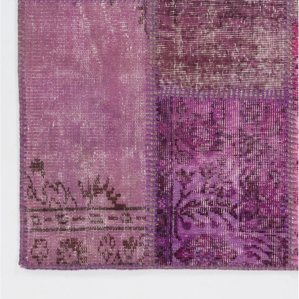 Hand-Knotted Pink and Purple Patchwork Rug | Modern Overdyed Turkish Wool Carpet for Living Room, Bedroom and Kitchen