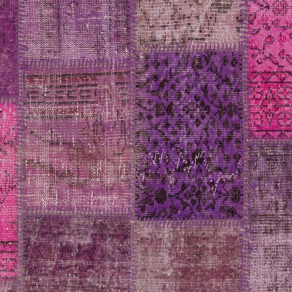 Hand-Knotted Pink and Purple Patchwork Rug | Modern Overdyed Turkish Wool Carpet for Living Room, Bedroom and Kitchen